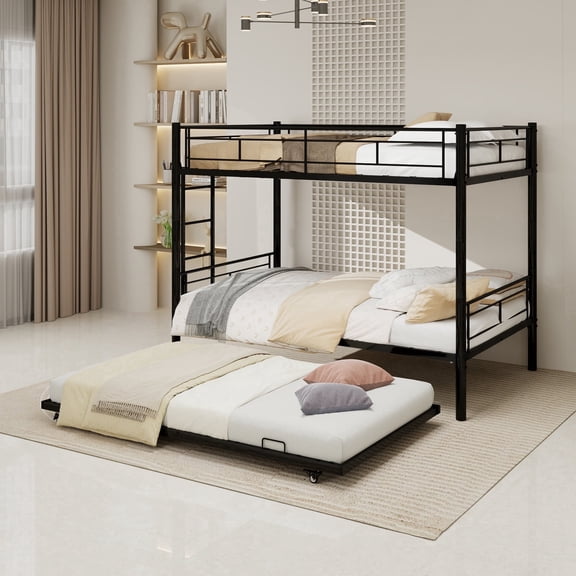Twin Size Triple Bunk Bed, Heavy Duty Metal Frame Bunk Bed with Guardrails and Ladder, Detachable 3-in-1 Design