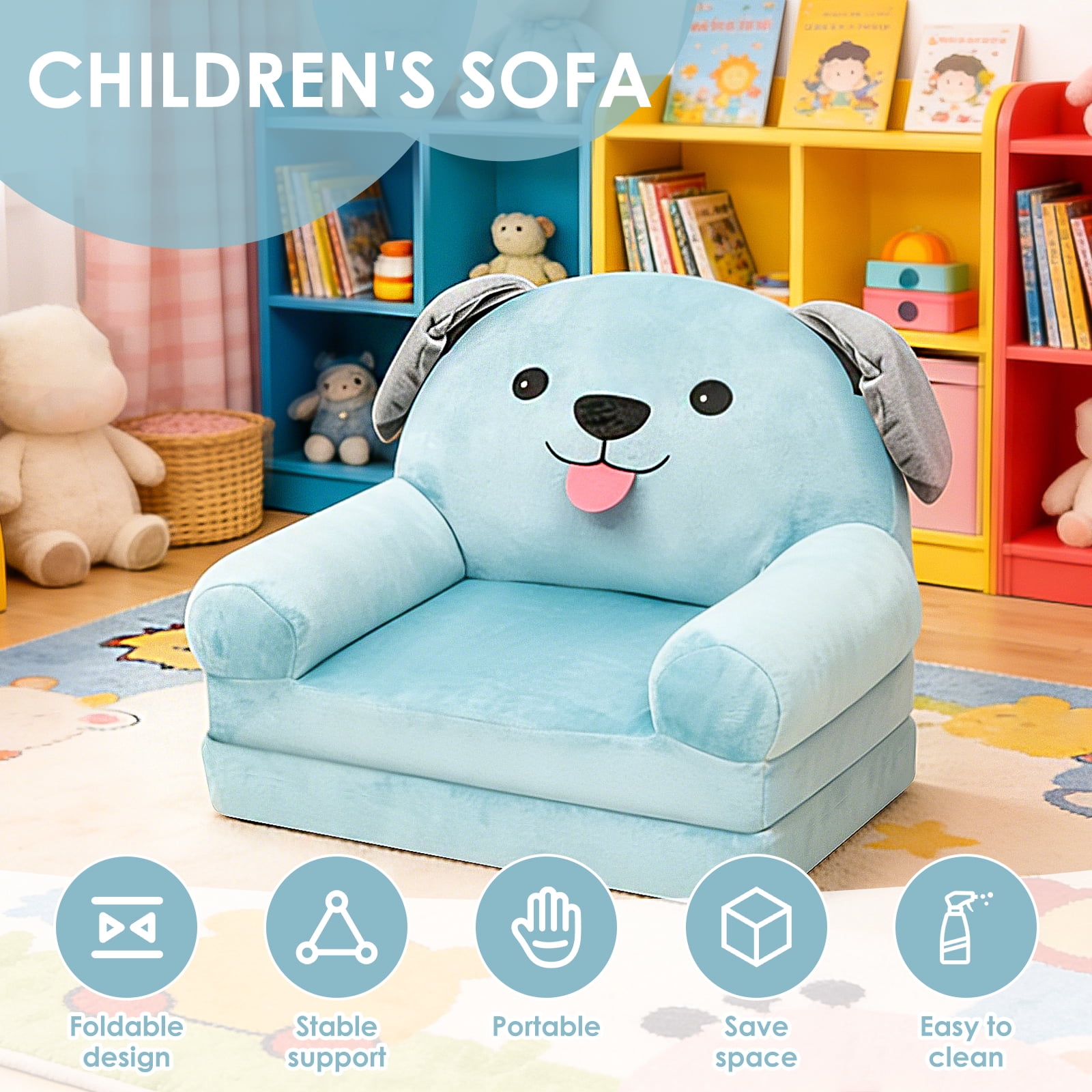 Dznils Toddler Sofa Chair, 2-in-1 Soft Foam Flip Open Kids Couch Lounger Comfy, Ages 1+, Blue Dog
