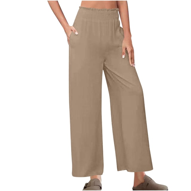 VEKDONE Womens Linen Long Pants Khaki XXL