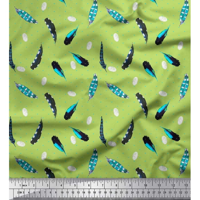 Soimoi Green polyester Crepe Fabric Dot & Feather Printed Craft Fabric by the Yard 52 Inch Wide