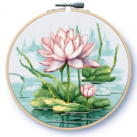 Lotus Stamped Cross Stitch Kits for Beginners Easy with Hoop 11CT Needlepoint Embroidery Counted Cross Stitch Kits Art Craft Wall Decoration 35x35cm(1)