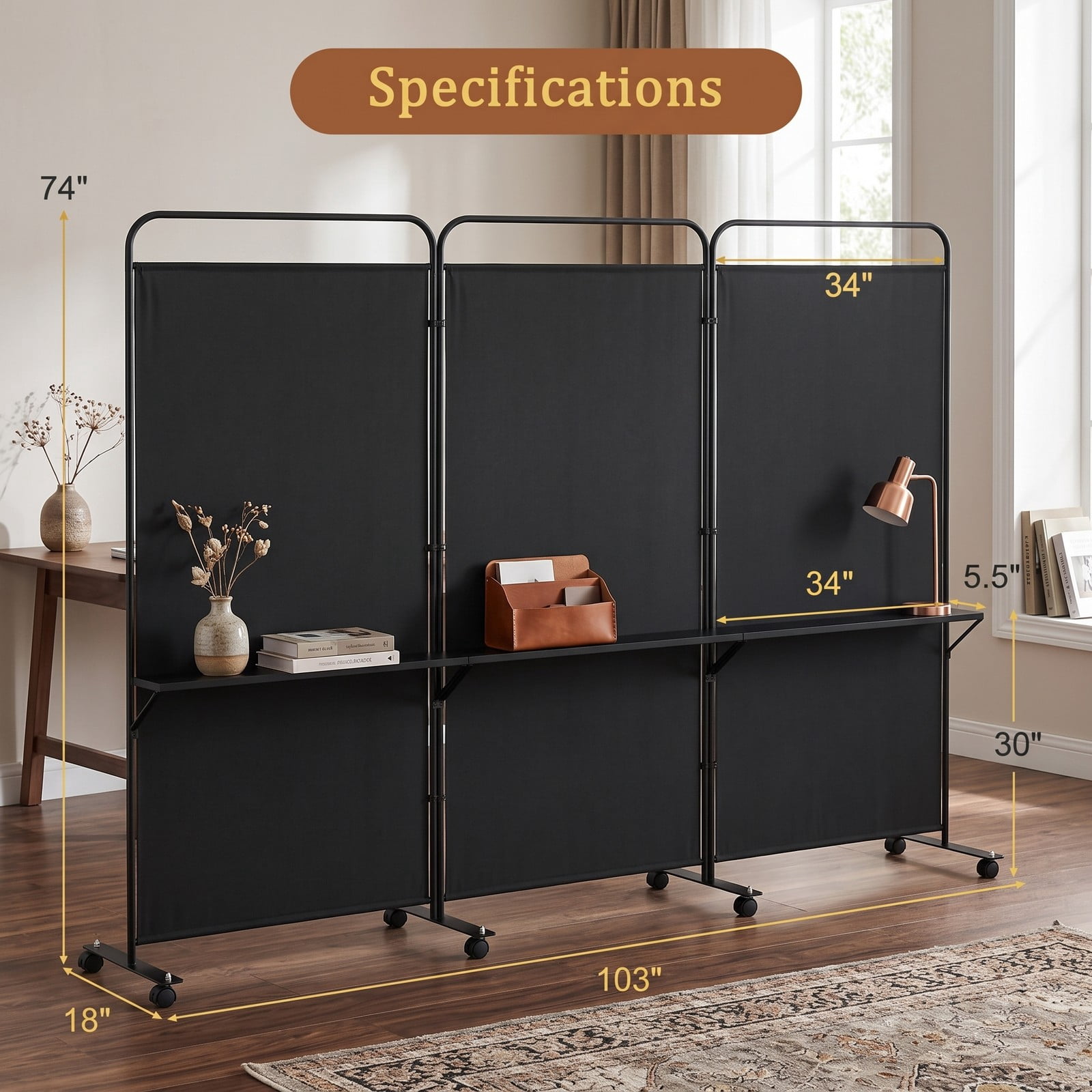 ALPULON 3-Panel Folding Room Divider Privacy Screen with 3 Metal Shelves and Lockable Wheels, Freestanding Partition Panel for Living Room Bedroom Office, Black