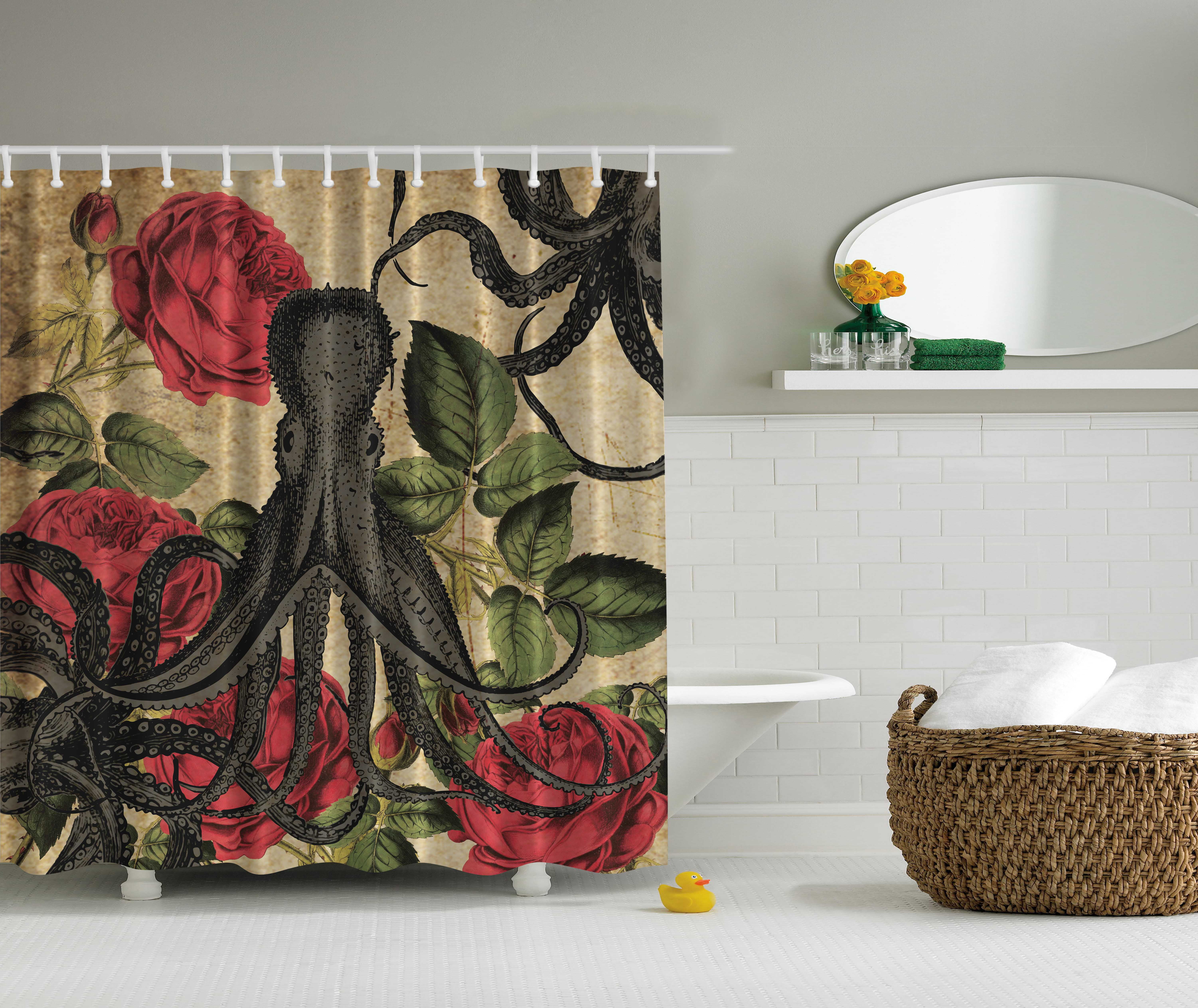 Scary Octopus Waterproof Polyester Bathroom Shower Curtain With Free 12 Hooks 