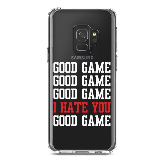 DistinctInk Clear Shockproof Hybrid Case for Samsung Galaxy S9 (5.8" Screen) - TPU Bumper Acrylic Back Tempered Glass Screen Protector - Good Game I Hate You Good Game