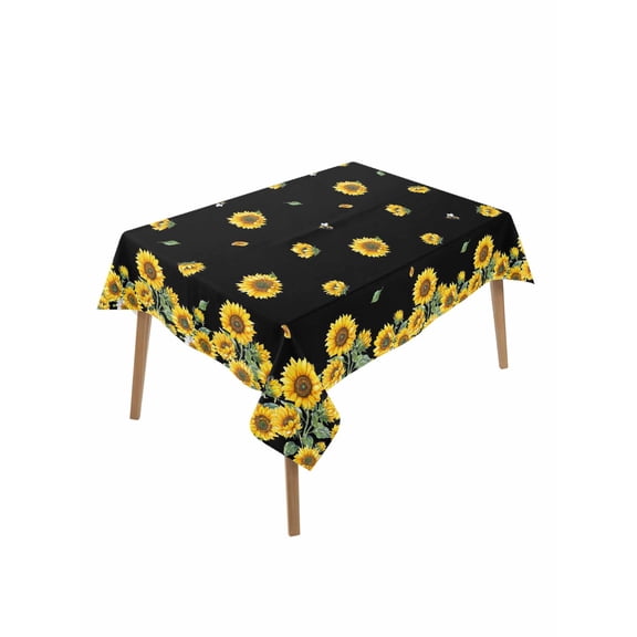 Sunflower Black Rectangle Tablecloth, Watercolor Floral Vintage Farmhouse Waterproof & StainResistant Tablecloth, Washable Oil-proof Table Cover for Dining/Party/Wedding/Camping/Buffet 52x70 In
