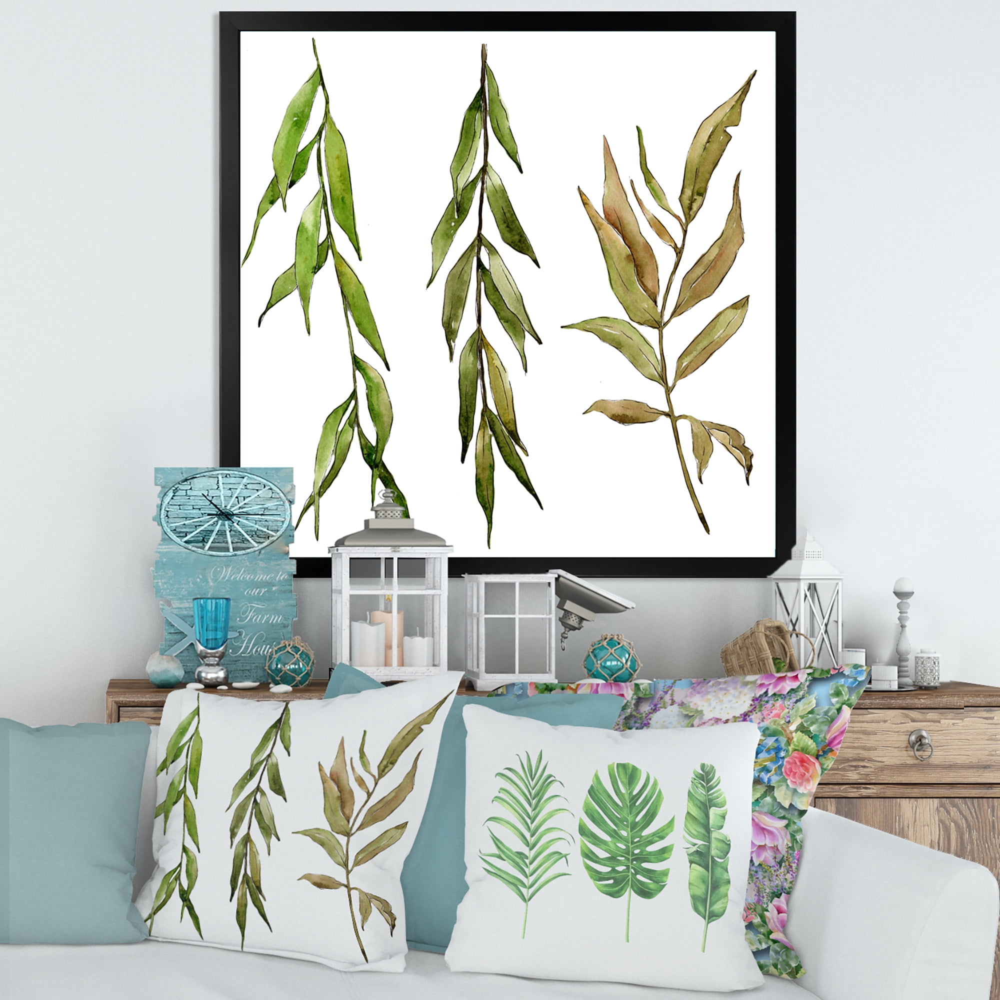 Designart 'Three Willow Branches On White' Farmhouse Framed Art Print