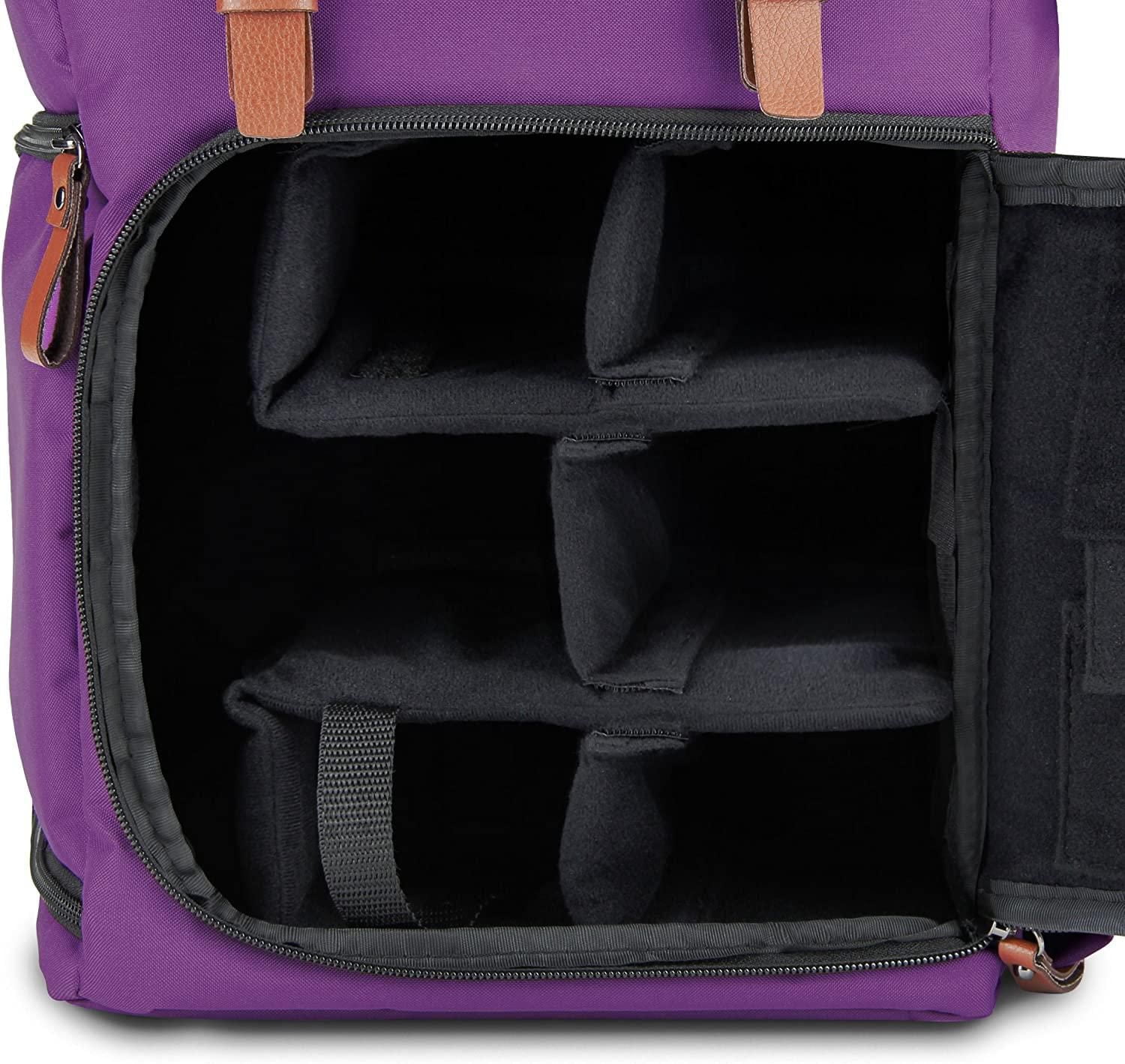 GOgroove DSLR Camera Backpack (Mid-Volume Purple) with Tablet Compartment, Customizable Dividers for Storage, Tripod Holder and Weatherproof Rain Cover - Compatible w/Canon, Nikon, Olympus and More