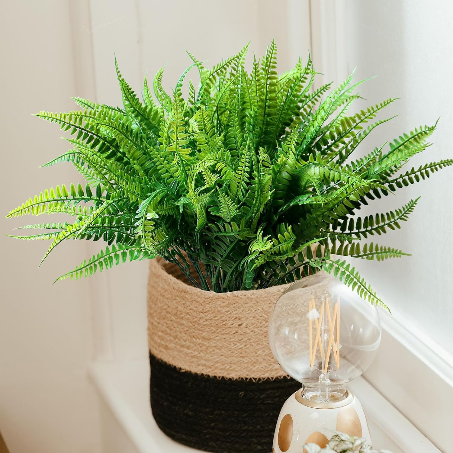 18Pcs Artificial Plants Outdoors UV Resistant Fake Boston Fern Bushes Plastic Faux Plants Shrubs Greenery Plants for Indoor Outside Porch Planter Patio Window Box Garden Decor