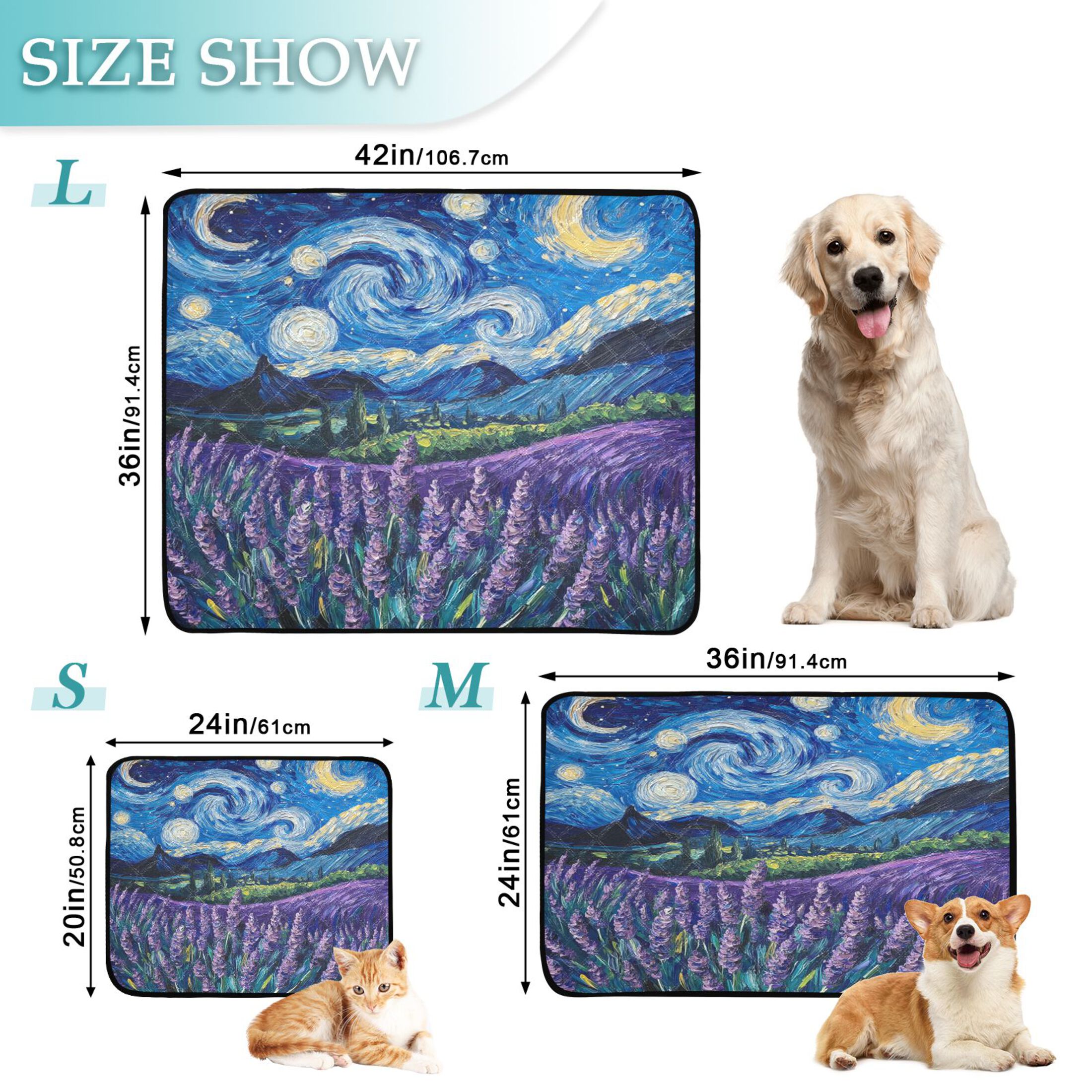 Qxltty Lavender Starry Night Cat litter Pads Pet Set of 3 Diaper Mats Center Anti-leakage Layer Absorbent Soft and Comfortable