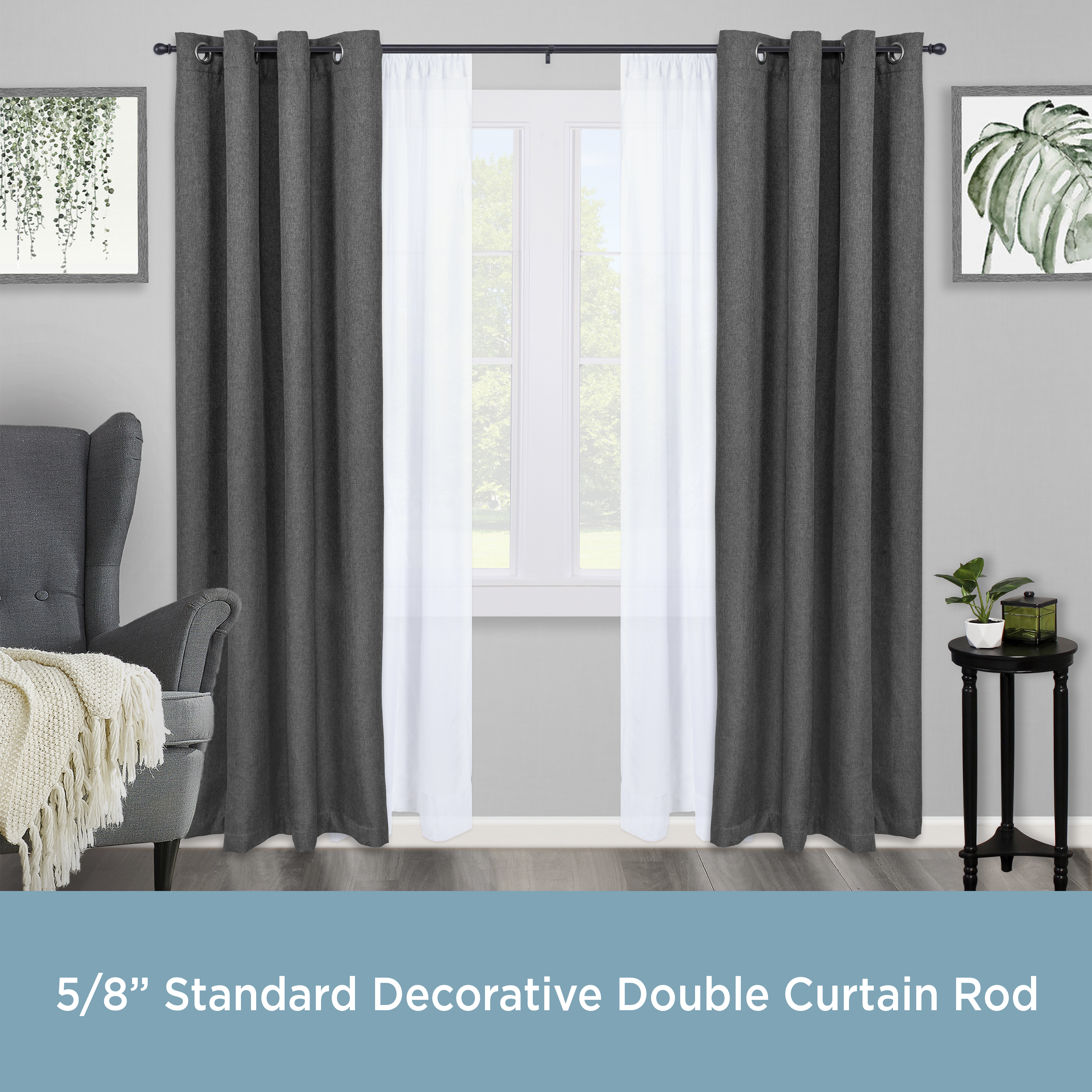 Kenney Scroll Ball Standard Steel Decorative Window Double Curtain Rod, 48-86" Adjustable Length, 5/8" Dia., Black