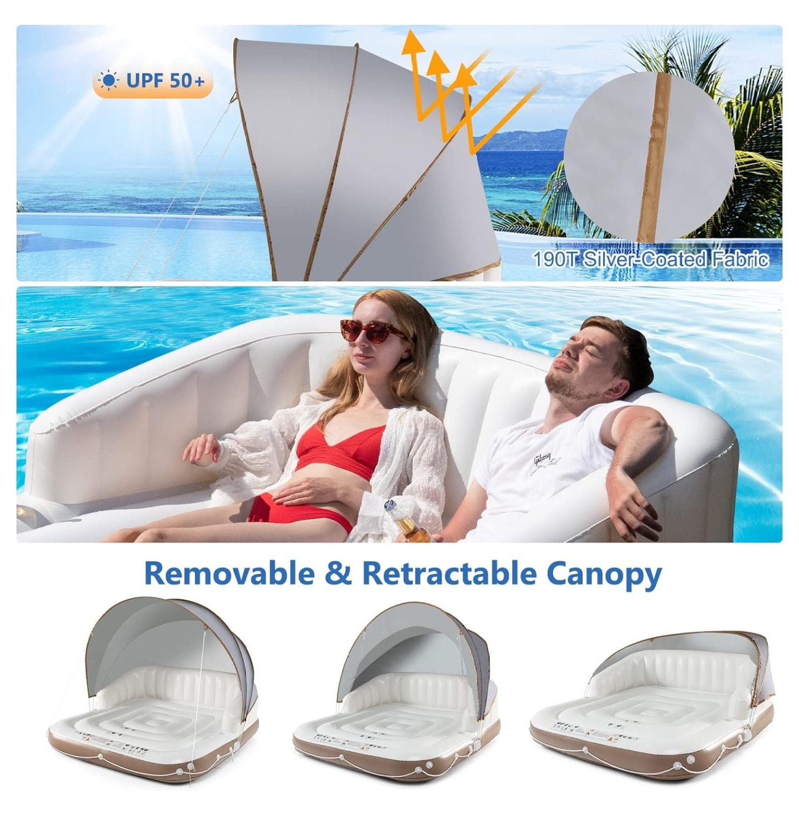 2-3 Person Inflatable Pool Float, 71”x71” Giant Inflatable Island Bed with UPF50 Retractable Canopy & Built-in Cup Holder, Load 440LBS, Blow-up Floating Lounge Island for Pool Lake Beach