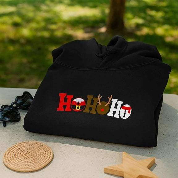 Ho Ho Ho Christmas Hoodie – Funny Holiday Sweatshirt, Black Embroidered Hoodie, Festive Xmas Pullover, Cozy Winter Outfit Gift for All