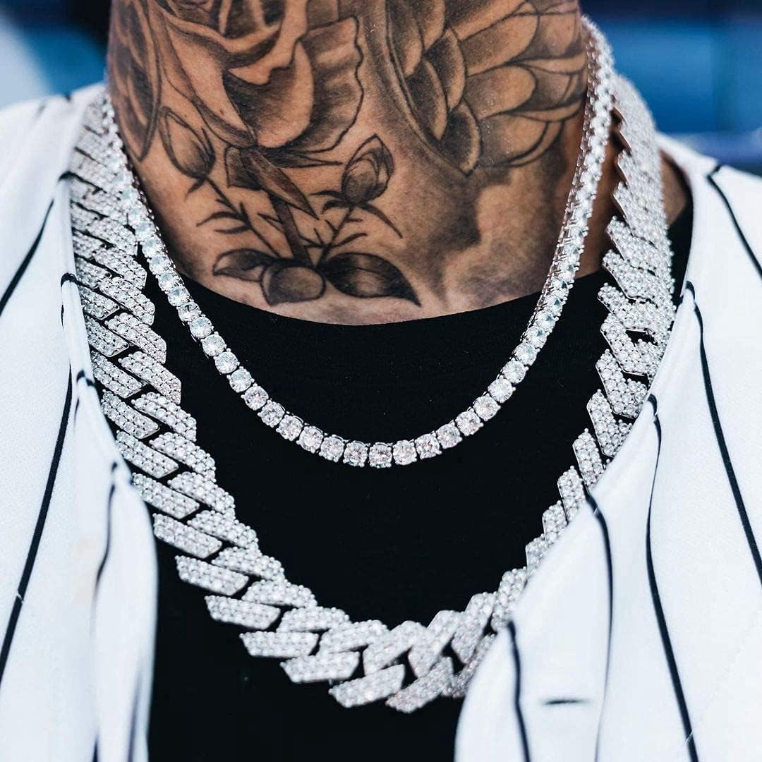 Leander 15mm Full Iced Out Diamond Cuban Link Chain - Hip Hop 18K or White Gold Plated Necklace or Bracelet for Men Women(Birthday Gift