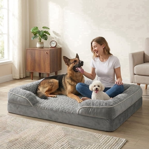 BlissHaven XL 48"x35" Orthopedic Dog Bed for Extra Large Dogs, Waterproof Dog Couch Sofa Bed with Removable Washable Cover, Non-Slip, Gray