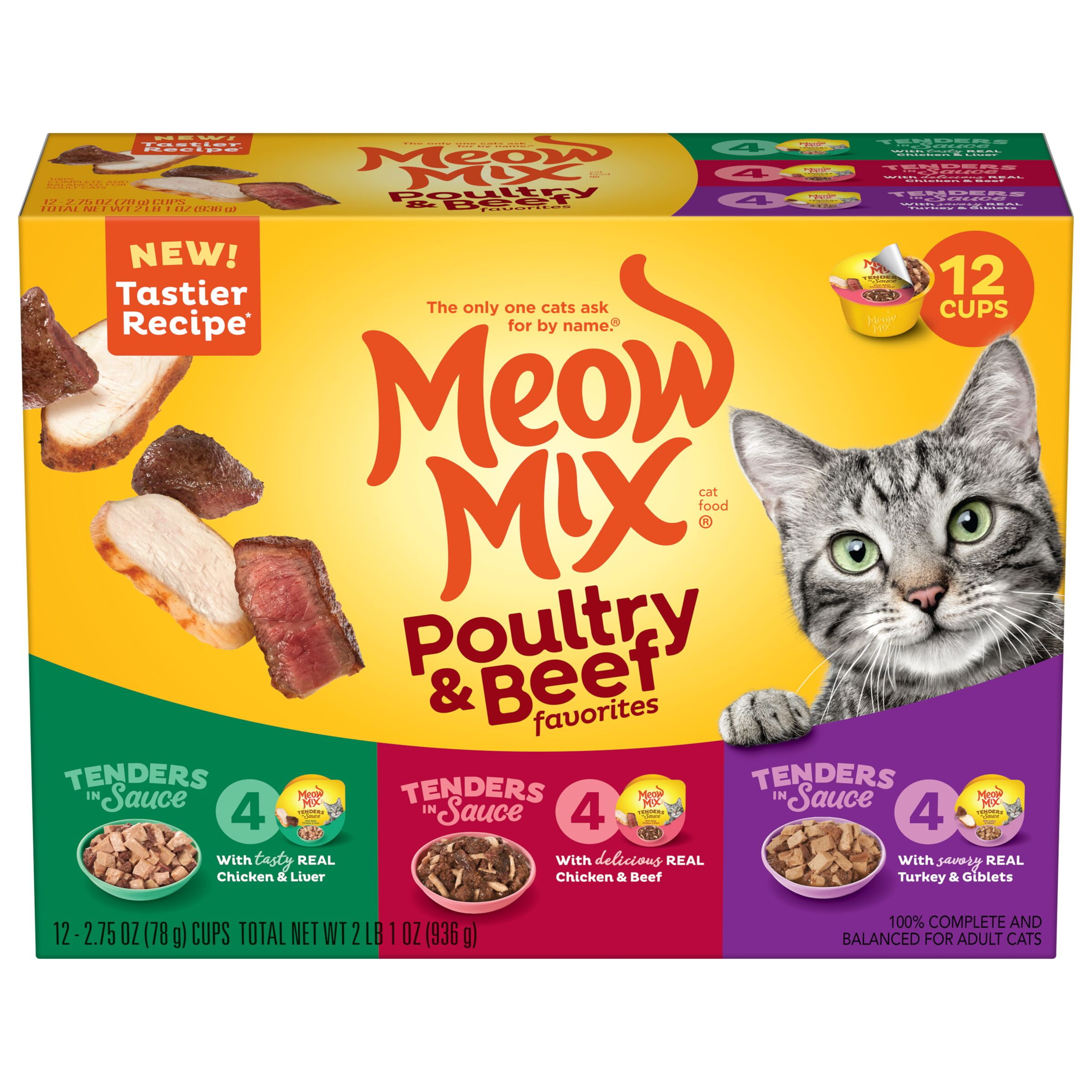 Meow Mix Tender Favorites Poultry & Beef Wet Cat Food Variety Pack, 2.75-Ounce Cups (Pack of 12)