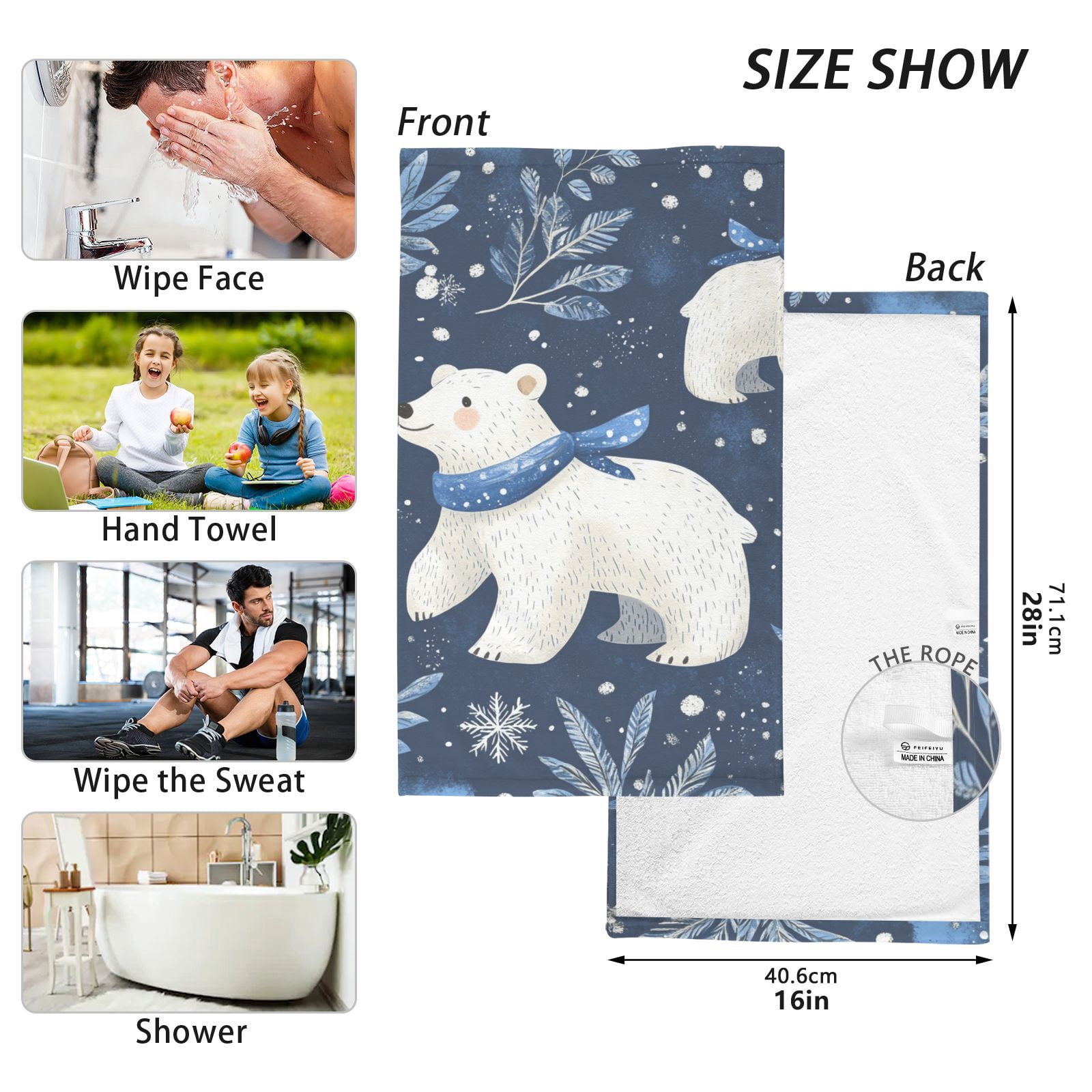 Leaves Polar Bears Hand Towels Cotton Bath Towels Large Face Towels Absorbent for Bathroom 2 Packs