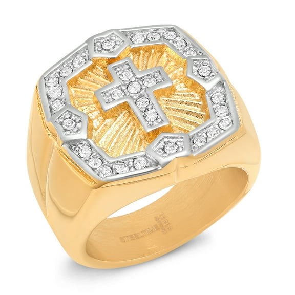 Men's 18K Gold Plated Stainless Steel Simulated Diamond Border Cross Ring