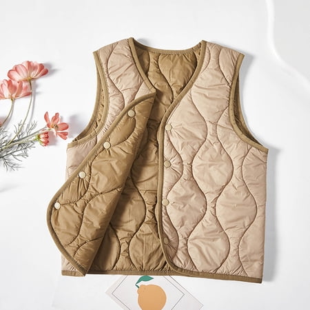 dazeni Teen 4-15 T Puffer Vest for Boys Girls Fleece Lined Button up Vest Puffy Sleeveless Jacket Coat Wainter Warm Waistcoat Khaki 8-9Years