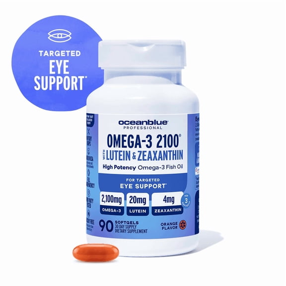 Oceanblue Omega-3 2100mg with Lutein & Zeaxanthin for Eye, Brain, & Heart Health Support | Wild Caught Triple Strength Fish Oil Supplement with DHA & EPA | Orange Flavor, 90 softgels, 1 Month Supply