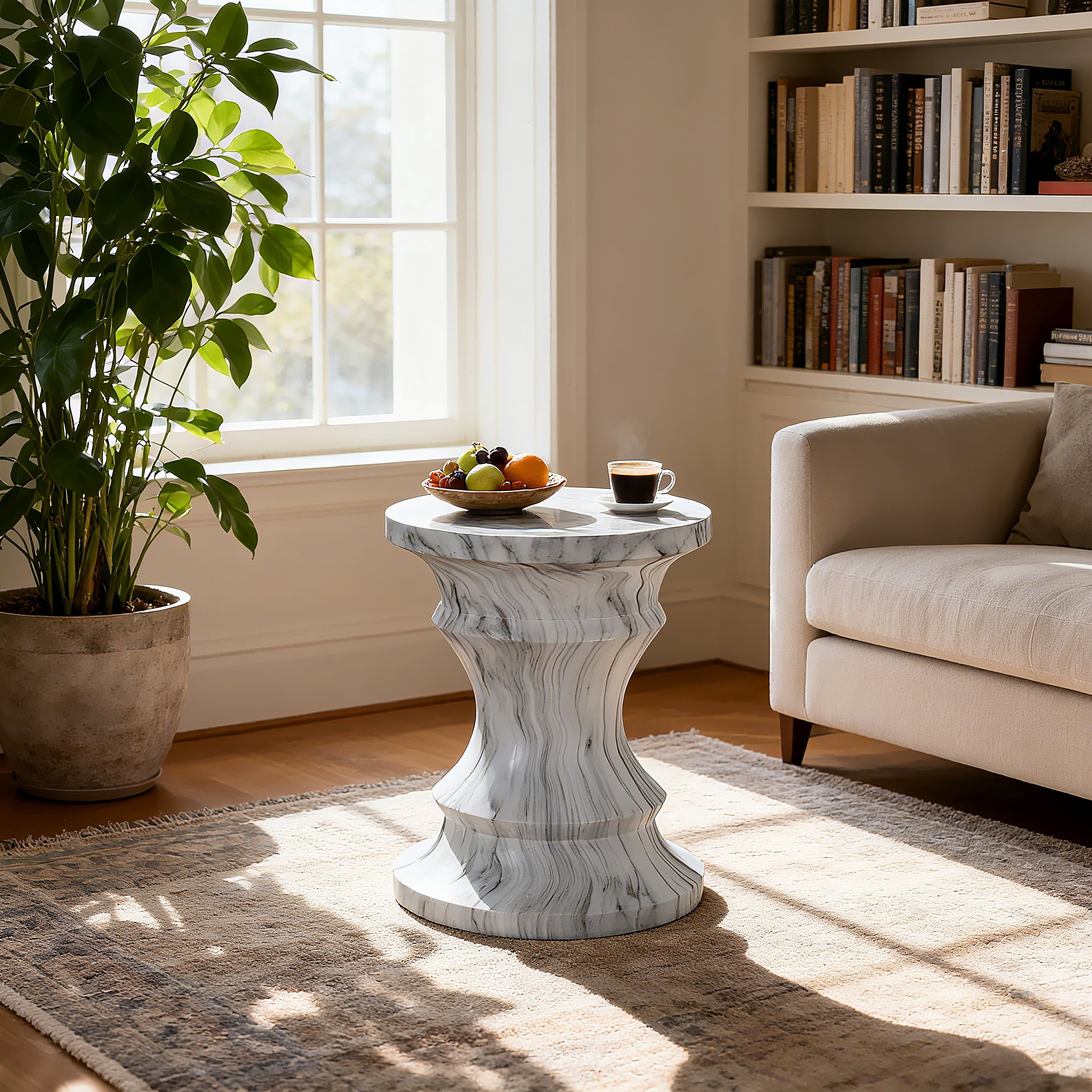 Cement Side Table, Faux Terrazzo Modern Round Accent End Table for Patio Garden Outdoor Home Decor, Marble