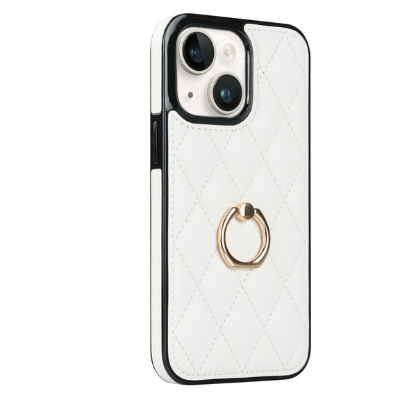ELEHOLD for iPhone 13 Mini 5.4 inch 2021 Case, Luxury Rhomboid Quilted PU Leather Soft TPU Bumper 360 Degee Rotatable Metal Finger Ring Holder Kickstand Shockproof Case for iPhone 13 Mini, White