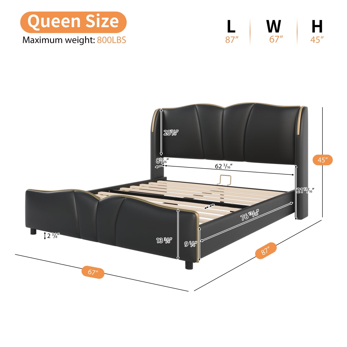 [Luckynote]Queen Size Leather Upholstered Bed Frame, Modern Bed Frame with Wingback Head board, Upholstered Platform Bed with Wavy Footboard, No Spring Box Needed, Black