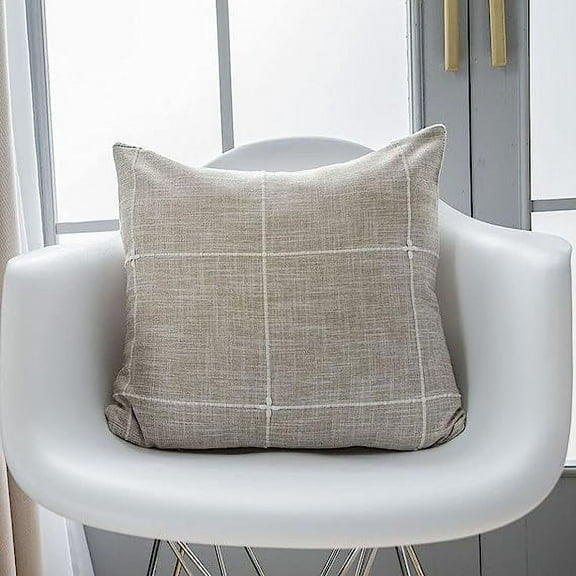Nvzi Rustic Lattice Cotton Linen Decorative Throw Pillow Cover Embroidery Square Cushion Cover Pillowcase for Sofa Bedroom Couch (Plaid Coffee, 18"x18")