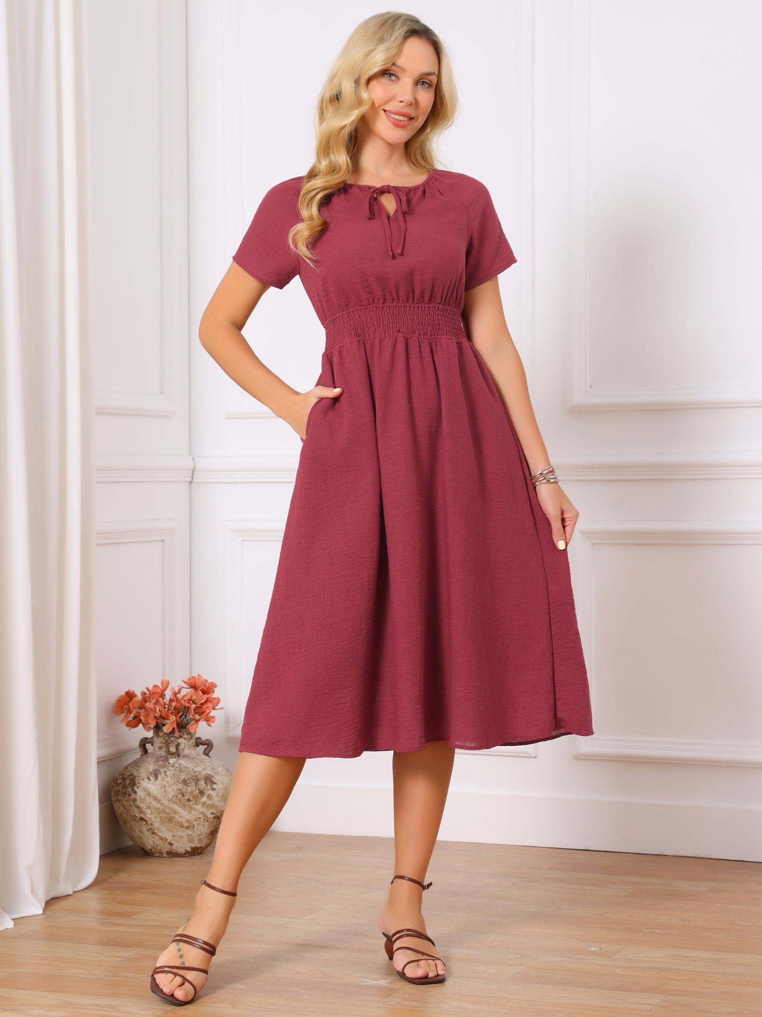 DARING DIVA Women's Smocked Tie V Neck Short Sleeve Flowy Midi Dress L Wine Red