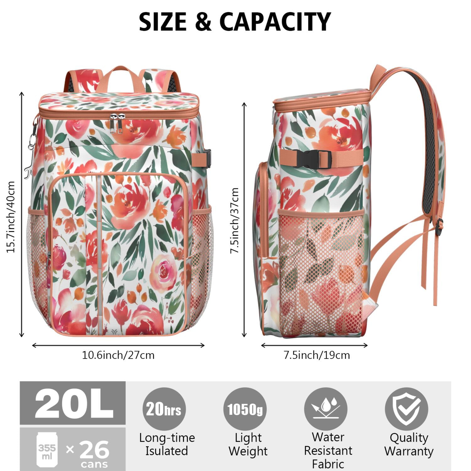 Travel Cooler Bag - Pioneer Flower Floral Print Pattern Camping Beer Cooler Backpack with Bottle Opener- Waterproof Insulated Picnic Backpacks - Cooler Bag for Beach