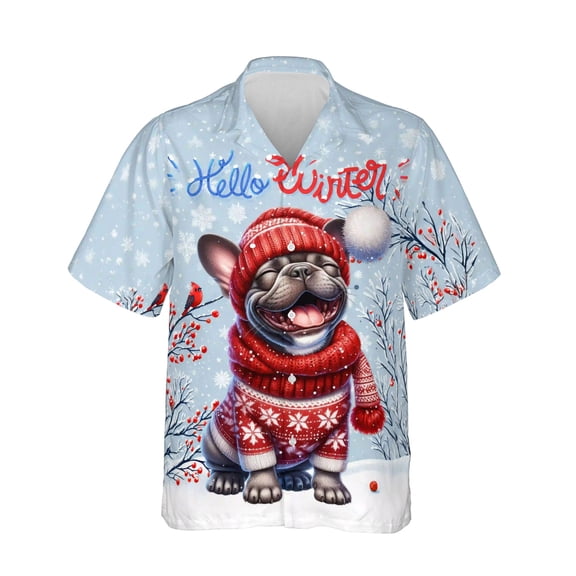 Hello Winter French Bulldog Smiling in Red Scarf Hat Welcome Christmas Hawaiian Shirt Breathable Summer Unisex Merch Dog Lover Gifts - 00017
