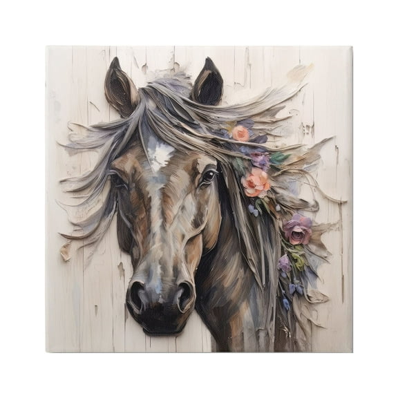 Stupell Industries Farm Horse Floral Mane Animals & Insects Painting Gallery Wrapped Canvas Art Print Wall Art, 17 x 17