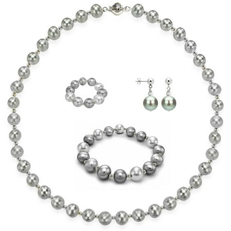 4-Piece Set with 10mm x 11mm Grey Freshwater Pearl Necklace Sterling Silver Chain 18 with Ball Clasp, Stretch Bracelet, Earring, & Stretch Ring, Silver Beaded