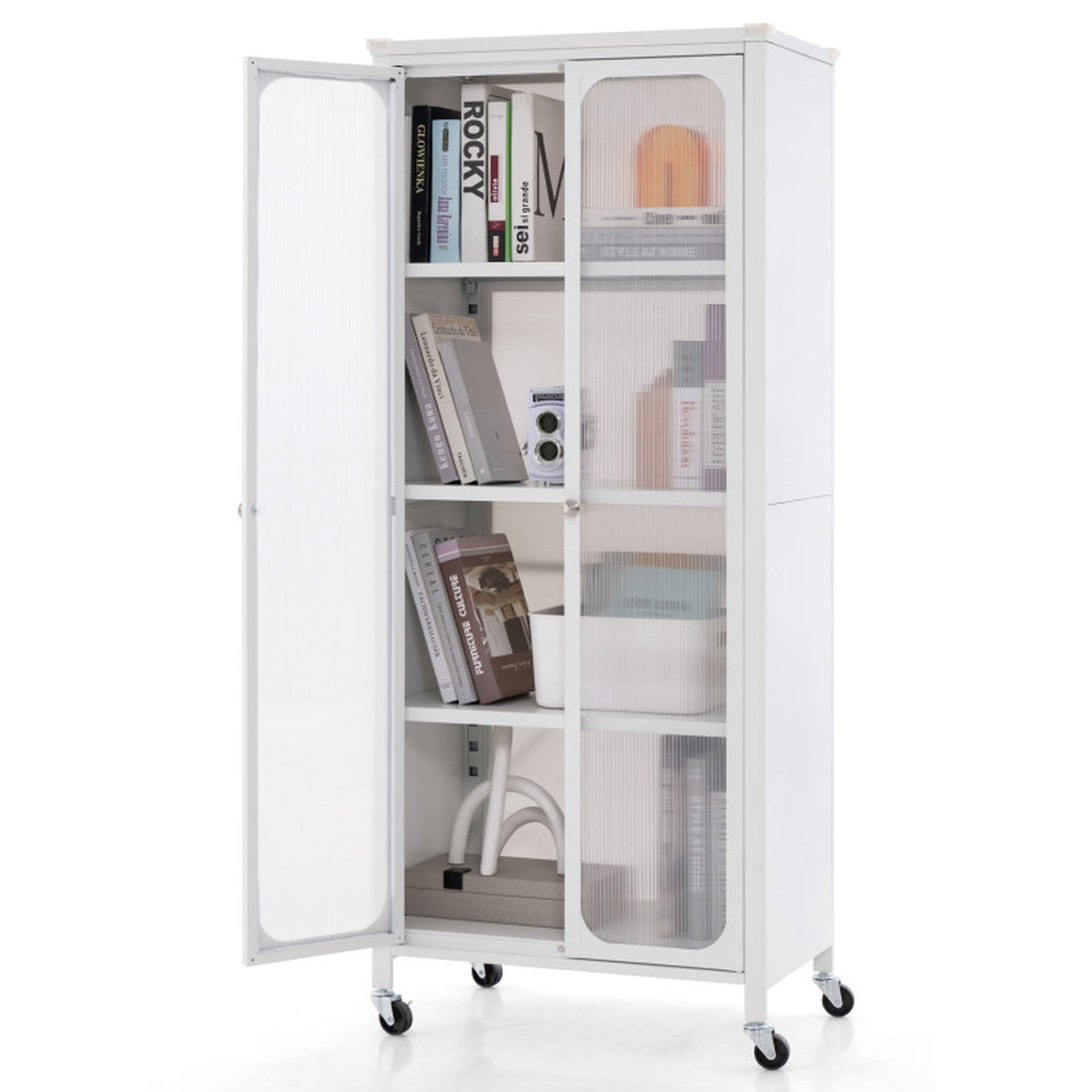 Furnibear Rolling Storage Cabinet with Doors Adjustable Shelves and Wheels Tall Metal Pantry for Kitchen Bathroom and Living Room, White