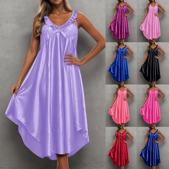 LINGLANG Women's V Neck Ice Silk Slip Nightgown Spaghetti Strap Satin Like Sleep Dress Soft Lightweight Breathable Summer Lounge Nightshirt Elegant Comfortable Homewear Sleepwear