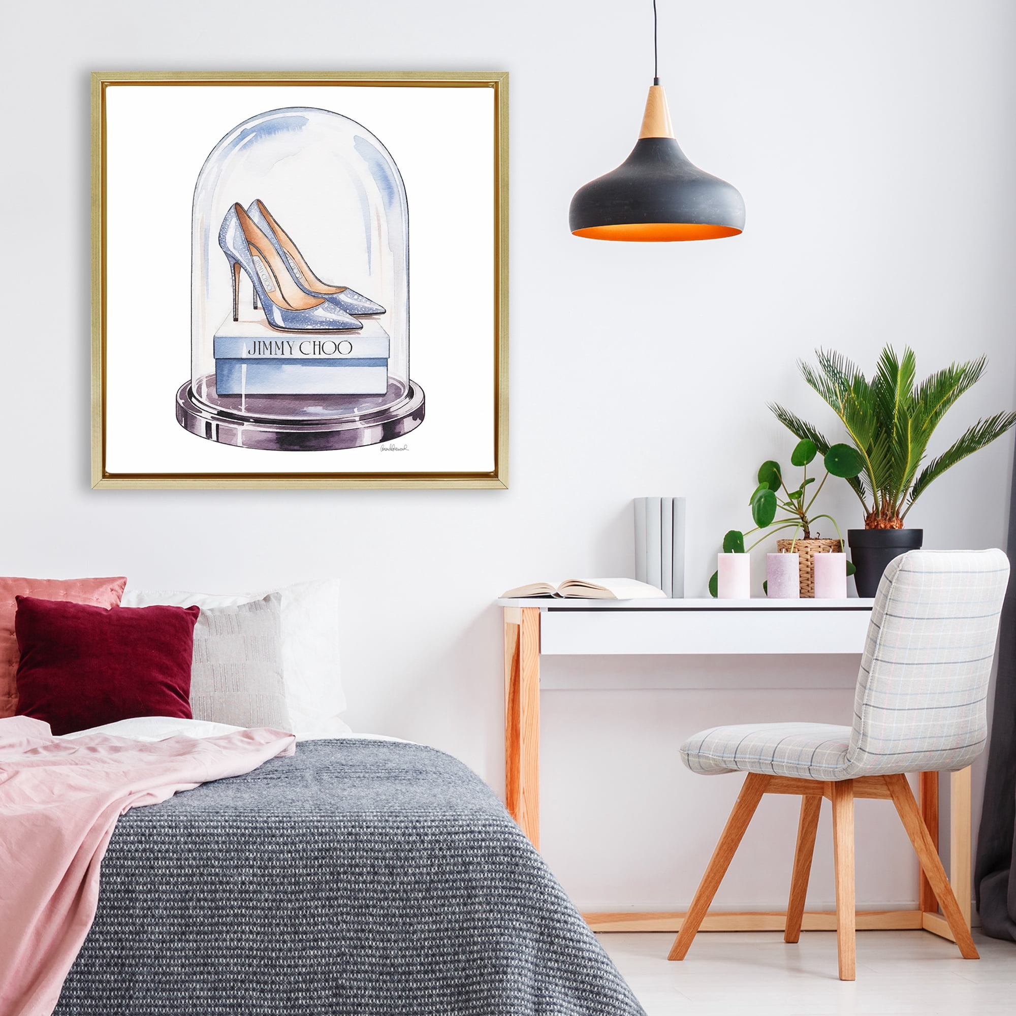 Stupell Industries Elegant Shoes in Bell Jar Gold Framed Floater Canvas Wall Art, design by Amanda Greenwood