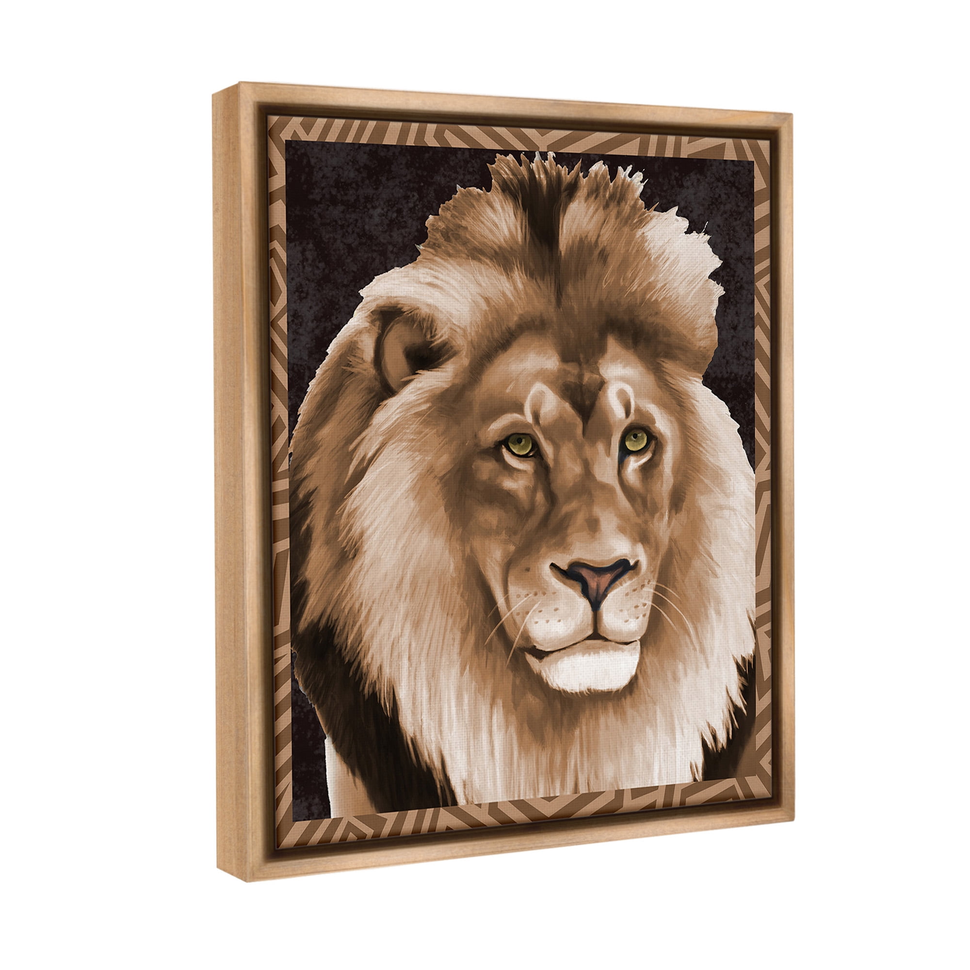 Stupell Industries Lion with Geometric Border Animals & Insects Painting Brown Floater Framed Canvas Art Print Wall Art, 17 x 21