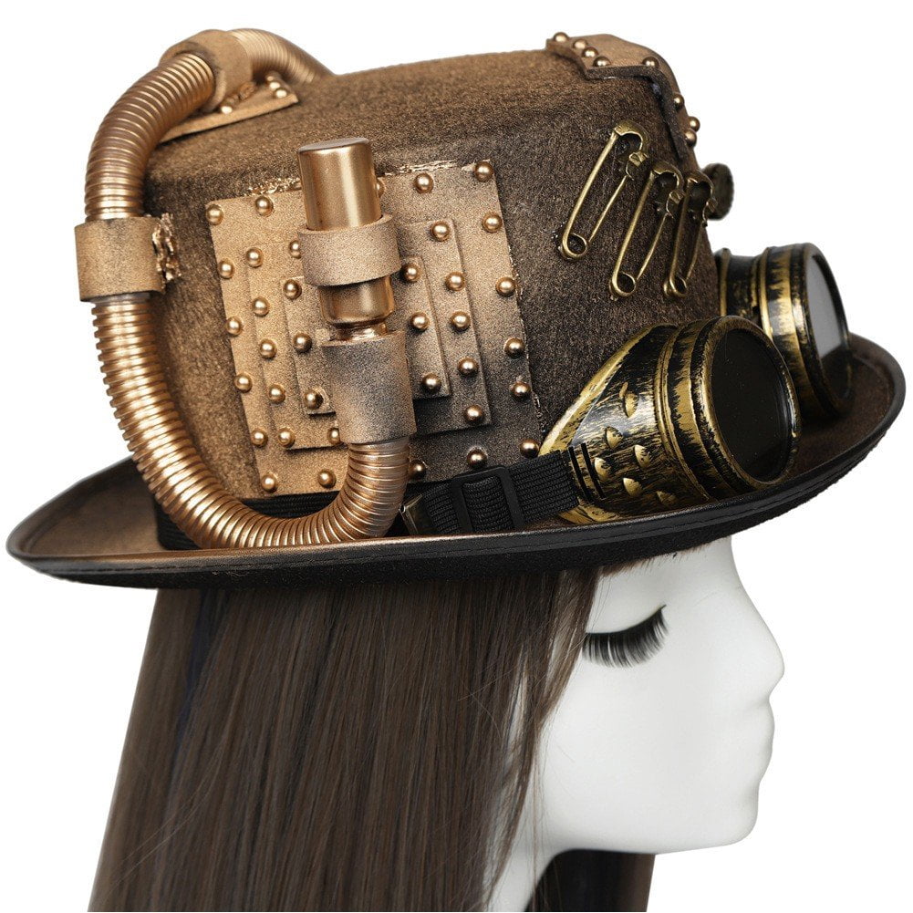 Jiibva Unisex Victorian Steampunk Top Hat with Goggles Bowler Hat for Men Women Carnival Halloween Party