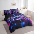 thumbnail image 2 of Castle Fairy Neon Race Car Trio Twin Bedding Sets 7-Piece for Kids, Checkered Flag Glow Bedding Comforter Set for Bedroom, Purple Pink,Black Reversible, 2 of 7