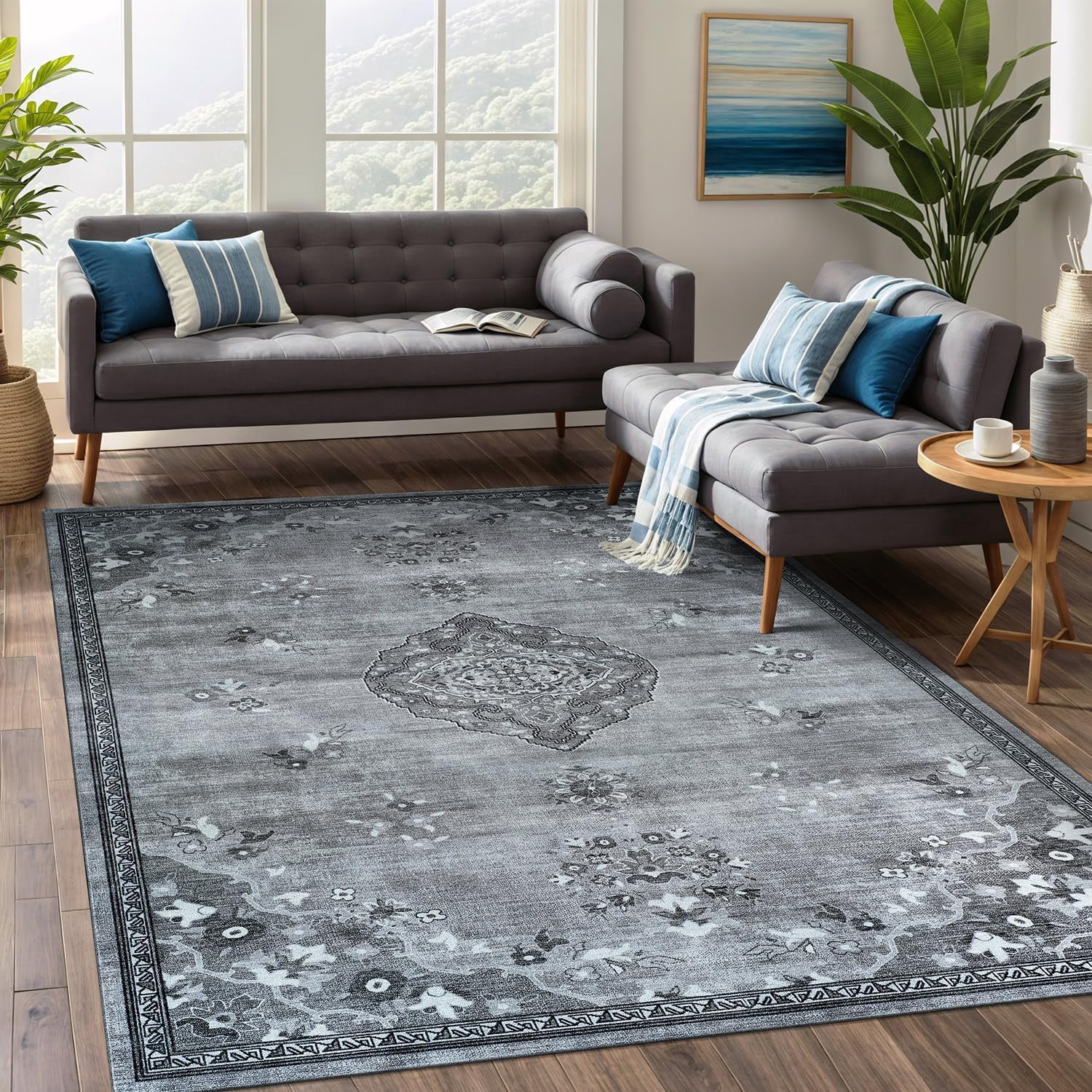 Beverly Rug Machine Washable Easy Cleaning Indoor Non-Slip Rugs Gray / Dark Gray 4'x6'