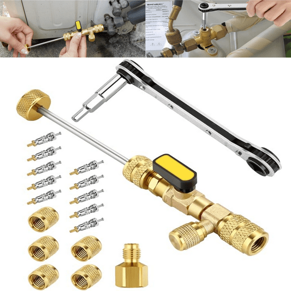 Valve Core Remover Tool and HVAC Service Wrench Set with Hex Bit Adapter, Dual Size SAE 1/4 & 5/16 Port, 10 PCS Valve Cores with Teflon Seal, 5 PCS Brass Nuts for HVAC Equipments Repair