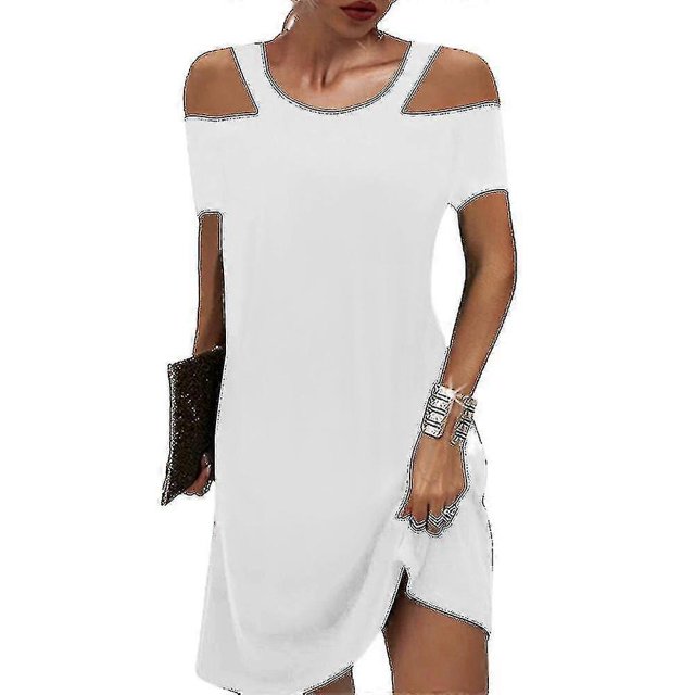 Womens Plain Cold Shoulder Short Sleeve Mini Dress Summer Casual Shift Dresses-DF