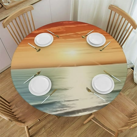 

HAOXIT Fitted Round Tablecloth Burnt Orange Elasticized Polyester Table Cover Sunrise Over Ocean Print Fitted Table Cloth Fits Round Tables Kitchen Dining Buffet Tabletop Decoration 31-35