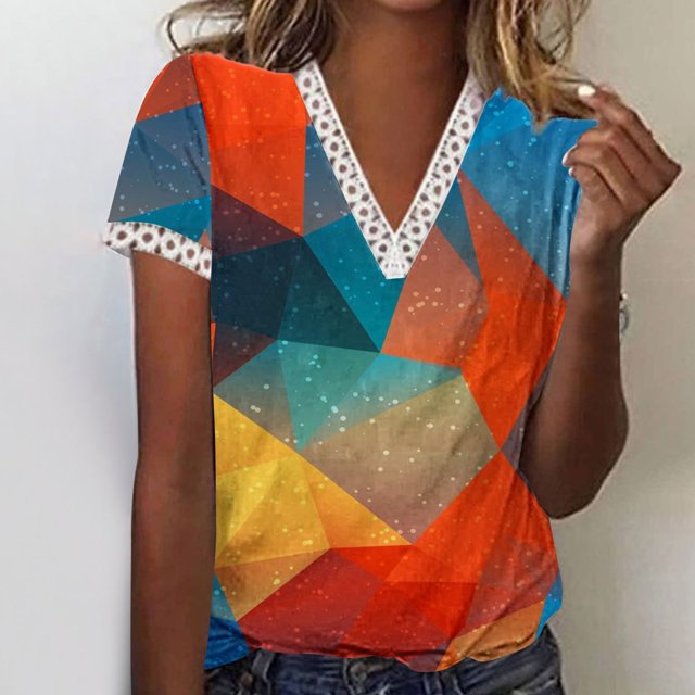 Hauts d'Été pour Femmes 2023 Mode Oversize Col en V Patchwork en Dentelle Manches Courtes Blouse Décontractée Chemises Col en V en Dentelle pour Femmes