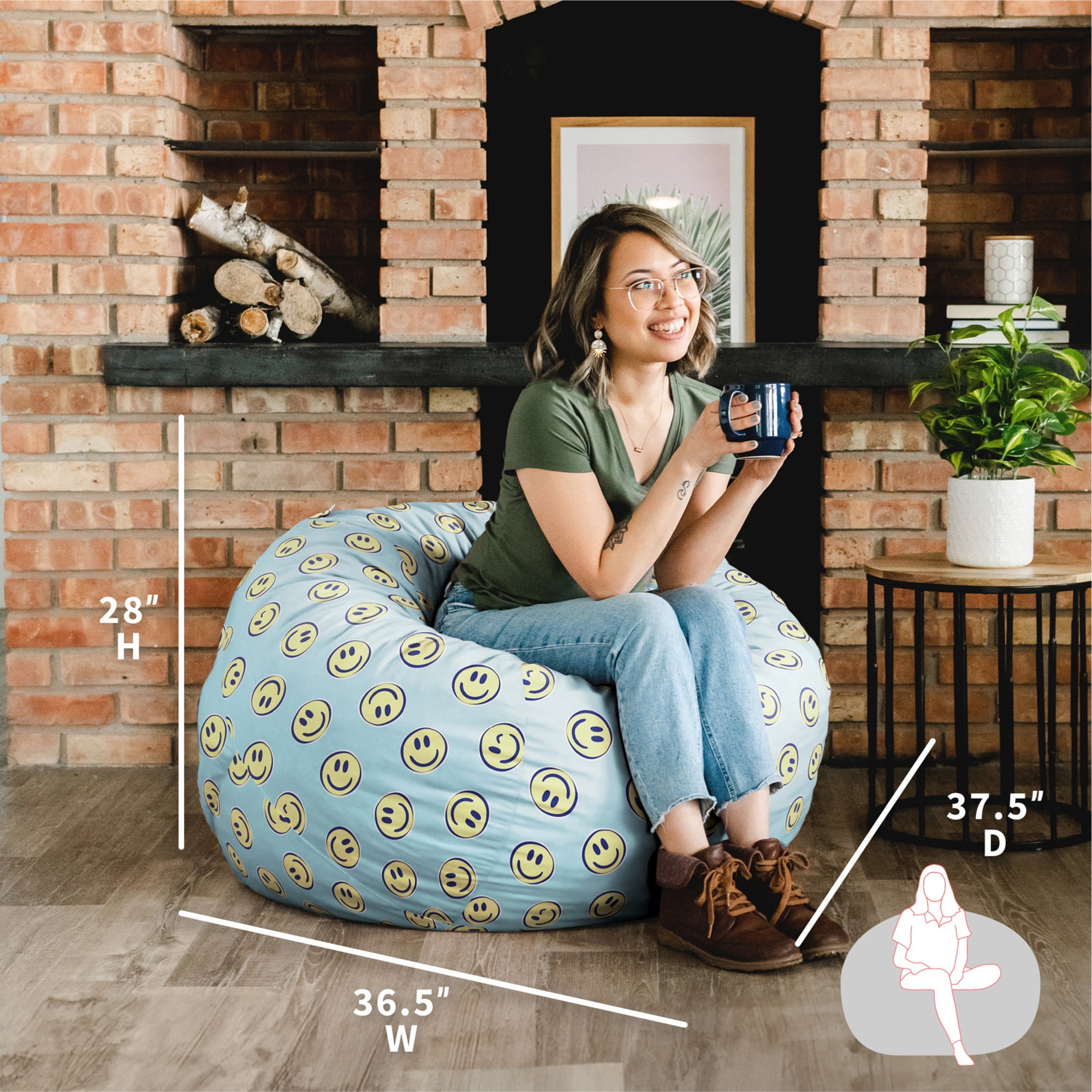 Big Joe Fuf 4Ft Foam Bean Bag Chair with Removable Cover for Kids, Teens, Smiley Face Plush, Soft Polyester, 4 foot Large Reading and Gaming Seat