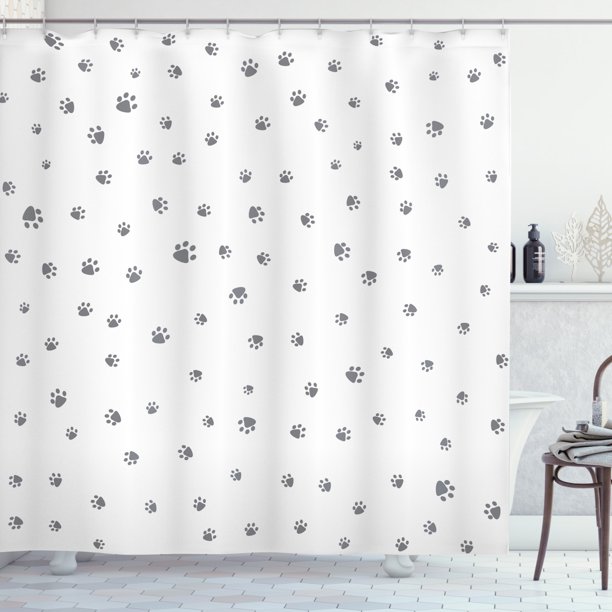 Dog Lover Shower Curtain Foot Prints Of An Animal Pet Canine Marks Abstract Nature Themed Ilration Fabric Bathroom Set With Hooks 69w X 84l Inches Extra Long Grey White By Ambesonne Dog Lover Shower Curtain Foot Prints, Outdoor Themed Shower Curtains