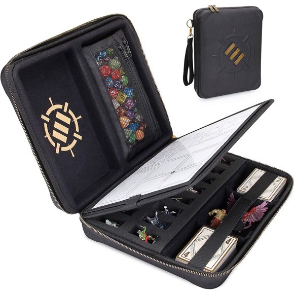 ENHANCE Tabletop RPG Organizer Case - DnD Organizer with Built-in Character Sheet Holder and Erasable Scribe Panel, Dice Rolling Area, Removable Pen Pouch, Mini-Figure Foam Tray, Wrist Strap, and more
