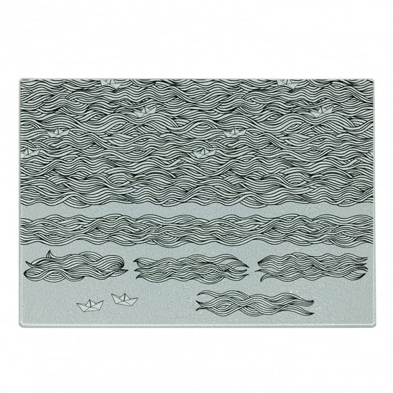 Vintage Boat Cutting Board, Wavy Sea with Little Paper Boats Memory Sketch Art, Decorative Tempered Glass Cutting and Serving Board, Small Size, Black White Pale Grey, by Ambesonne