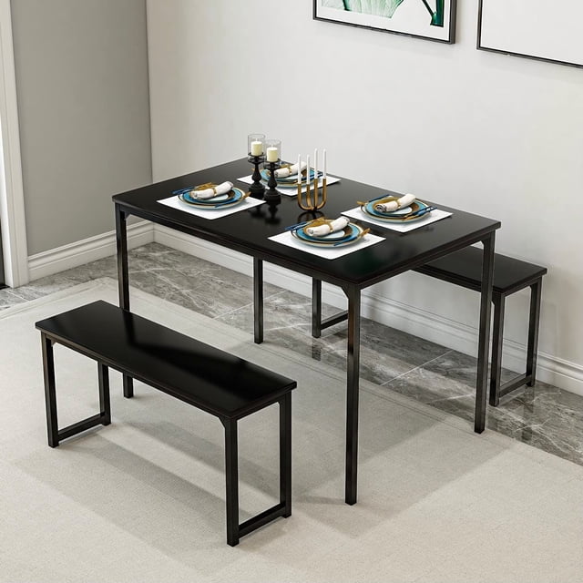 Bonzy Home Compact Dining Table Set 3-Piece for 4 with 2 Benches, Small ...