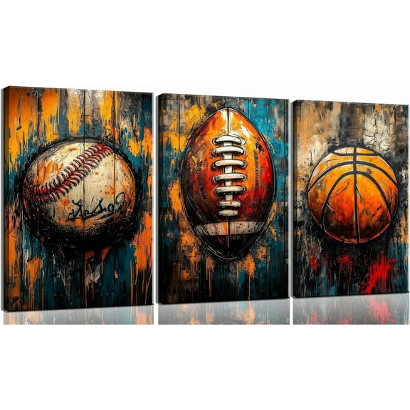 Graffiti Sports Canvas Wall Art Vintage Basketball Football Baseball Posters Prints Colorful Street Pop Art Painting Pictures Sports Wall Decor for Boys Bedroom (Only canvas)
