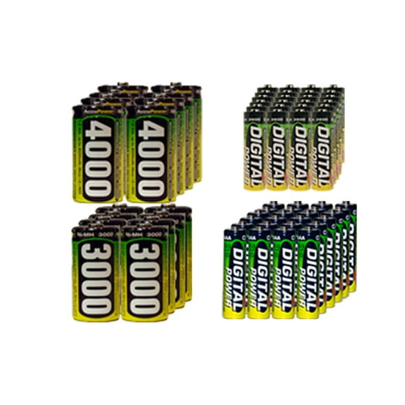 24 AA (2600 mAh) + 24 AAA (1200 mAh) + 8 C (3000 mAh) + 8 D (4000 mAh) NiMH AccuPower Batteries
